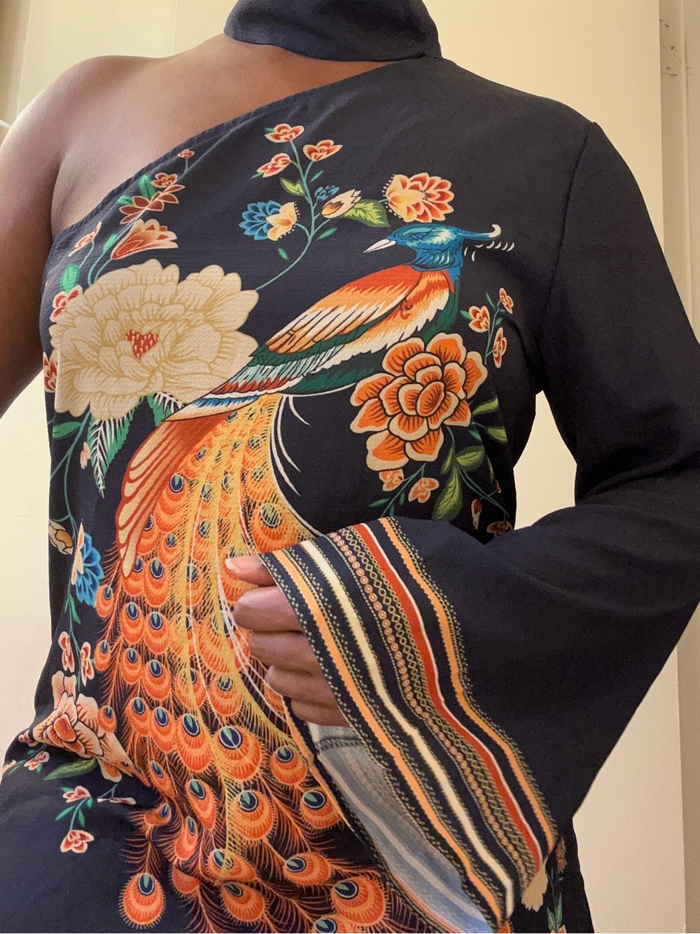 SHEIN Black One-Shoulder Dress with Orange Peacock & Floral Print